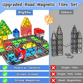 BigShu magnetic tiles road scene with houses and cars promotes imaginative play.