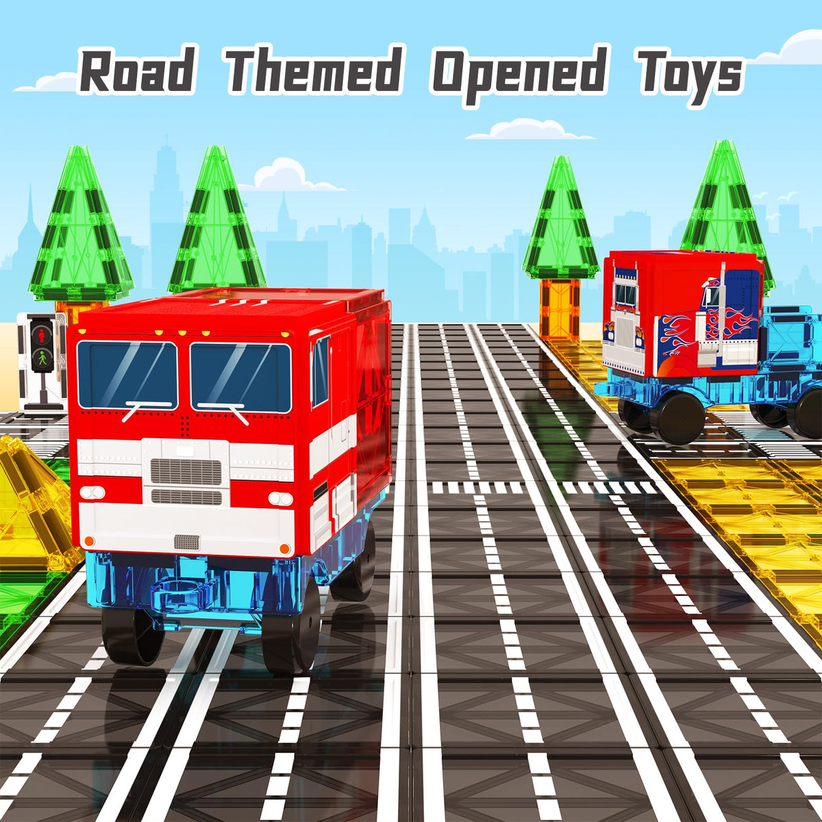 BigShu magnetic tiles road with traffic lights supports color matching and sequencing.