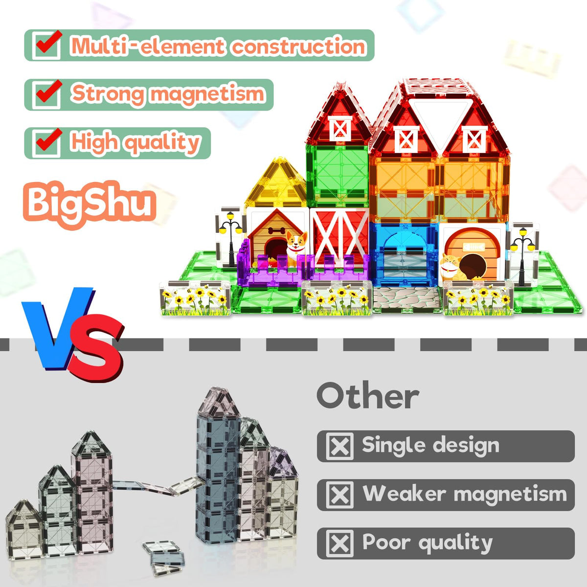 BigShu magnetic tiles square tiles – versatile squares for sturdy foundations and creative structures