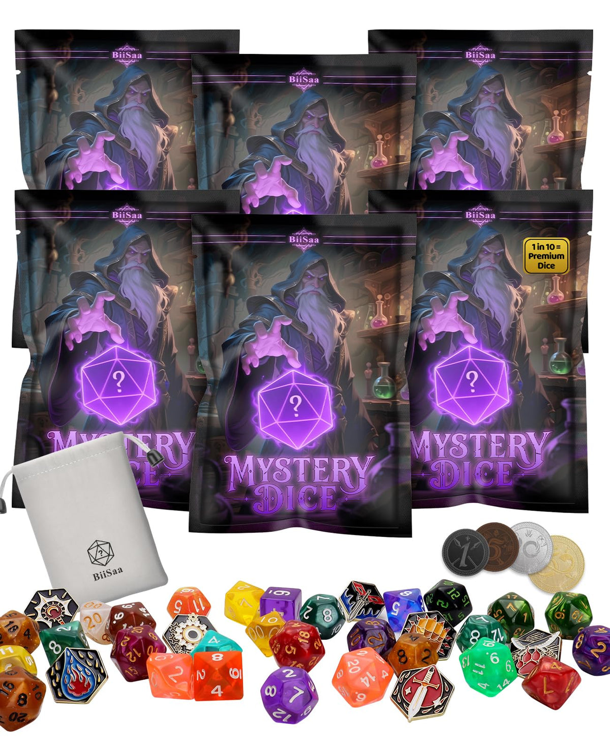 BiiSaa DND mystery dice bundle pack—six blind bags for exciting loot discovery.