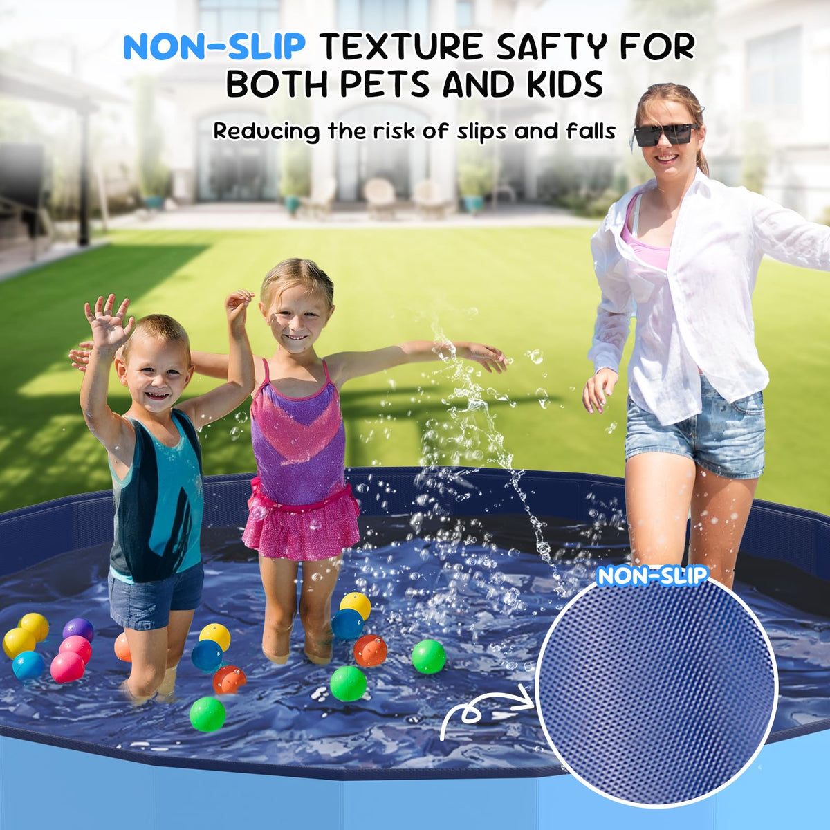 Drain hose connection simplifies directing water after play.