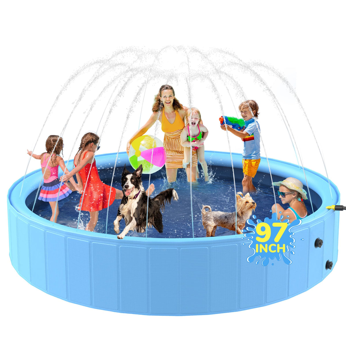 Bilibara sprinkler pool for kids, 97-inch diameter, ideal for cooling and family play.