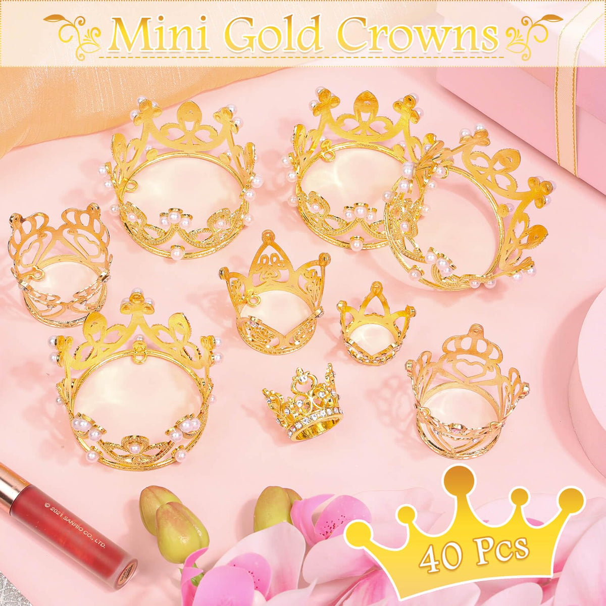 Billbotk gold crown cake topper with pearls enhances princess-themed desserts.