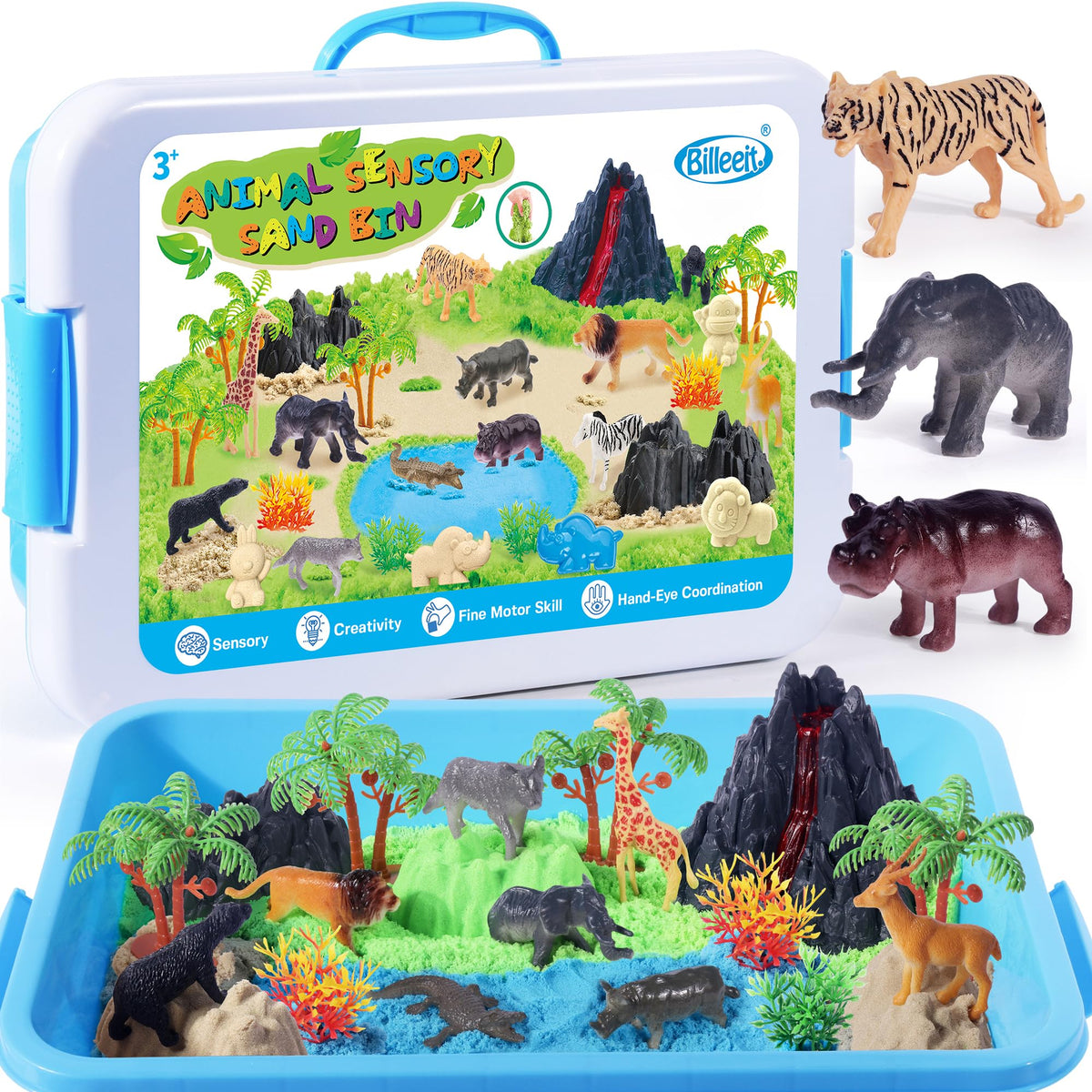 Billeeit Animal Sensory Bin with lid and colored sands for tidy storage during play