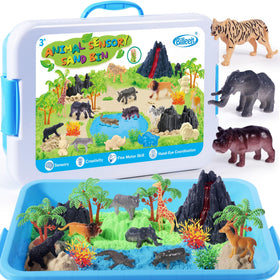 Billeeit Animal Sensory Bin with lid and colored sands for tidy storage during play