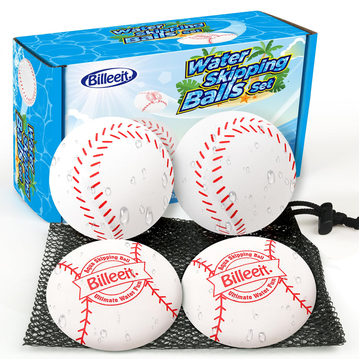 Billeeit baseball-themed water skip ball pair for pool play and family fun