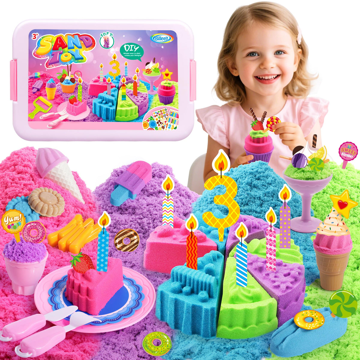 Billeeit Cake & Ice Cream sensory bin with colorful molds for imaginative play
