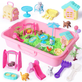 Billeeit pet sensory bin setup with figures and bowls for imaginative play