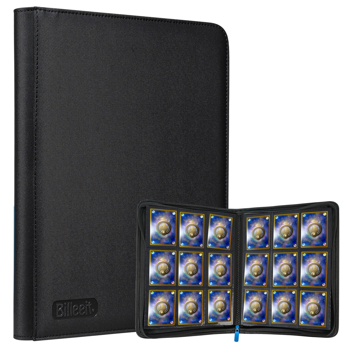 Billeeit Zipper Trading Card Binder front cover shows durable black fabric and reinforced edges for protection.