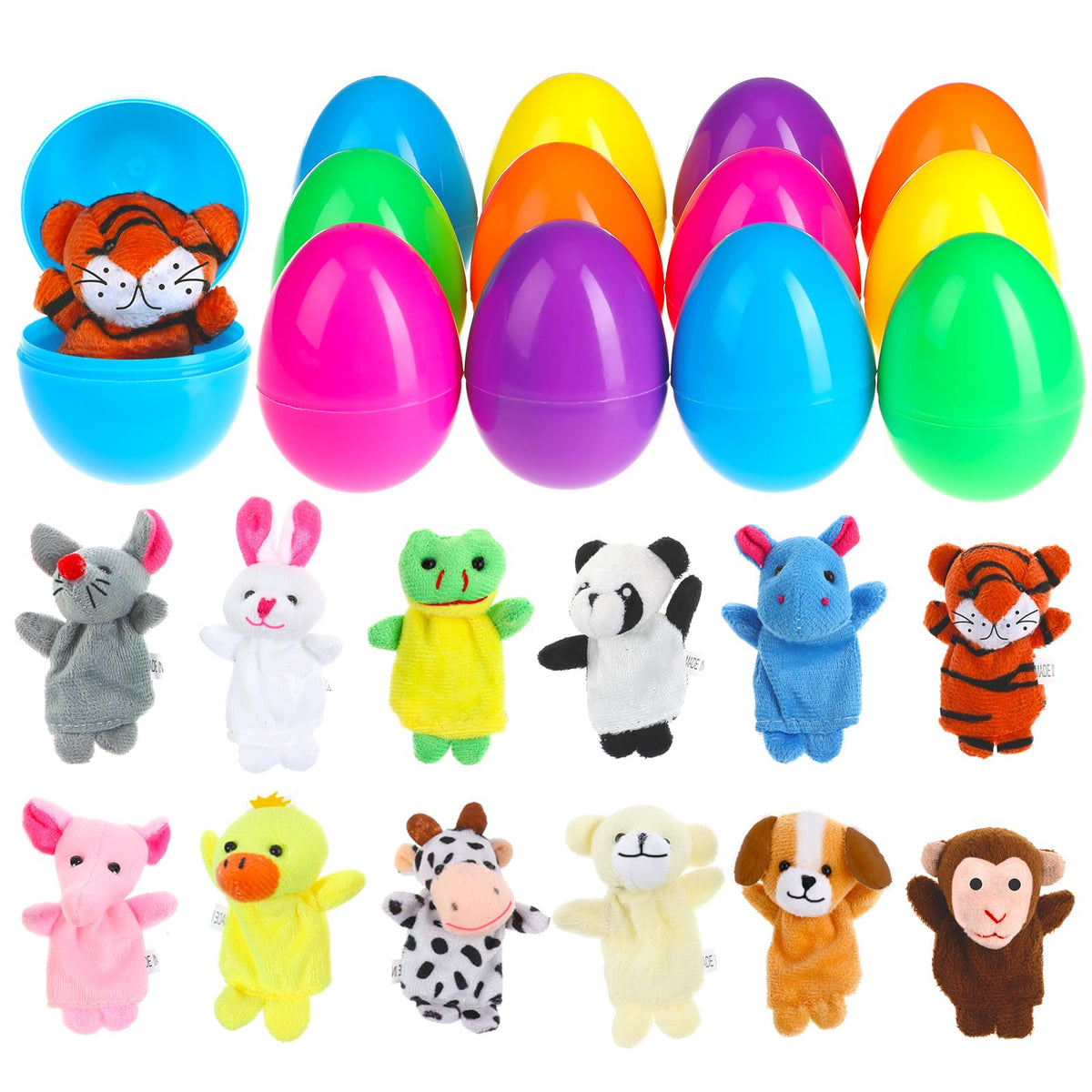 BILLMOSS Easter Eggs with finger puppets for a colorful egg hunt.