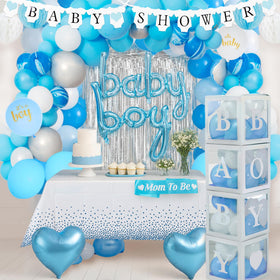BIMASO baby shower blue balloon arch enhances the photo backdrop.