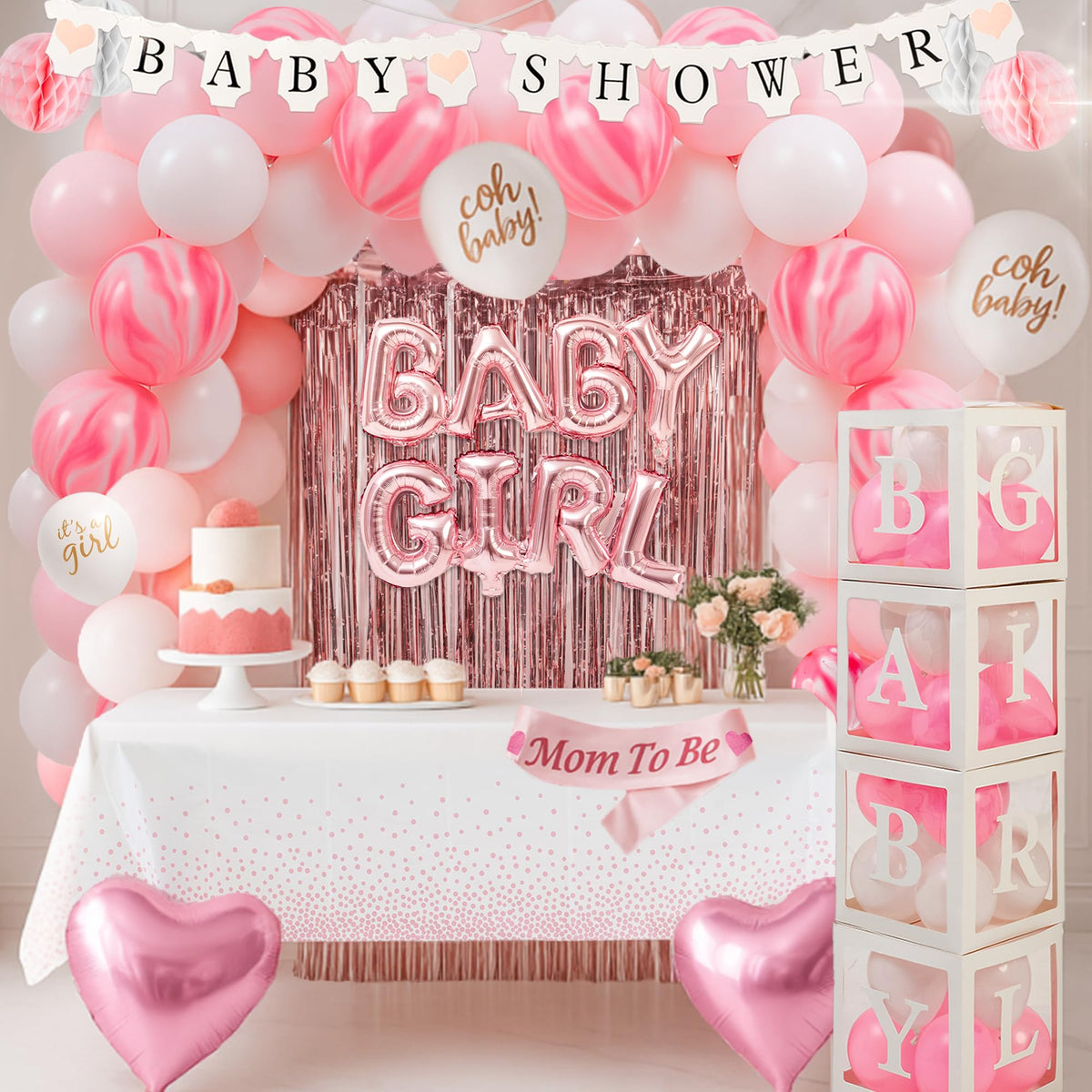 BIMASO pink baby shower balloon arch for an elegant photo-ready centerpiece