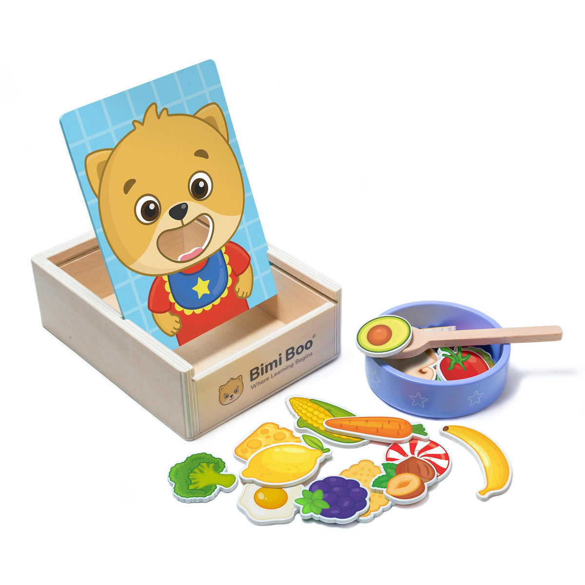 Bimi Boo wooden feeding toy with 27 pieces for self-feeding and pretend play
