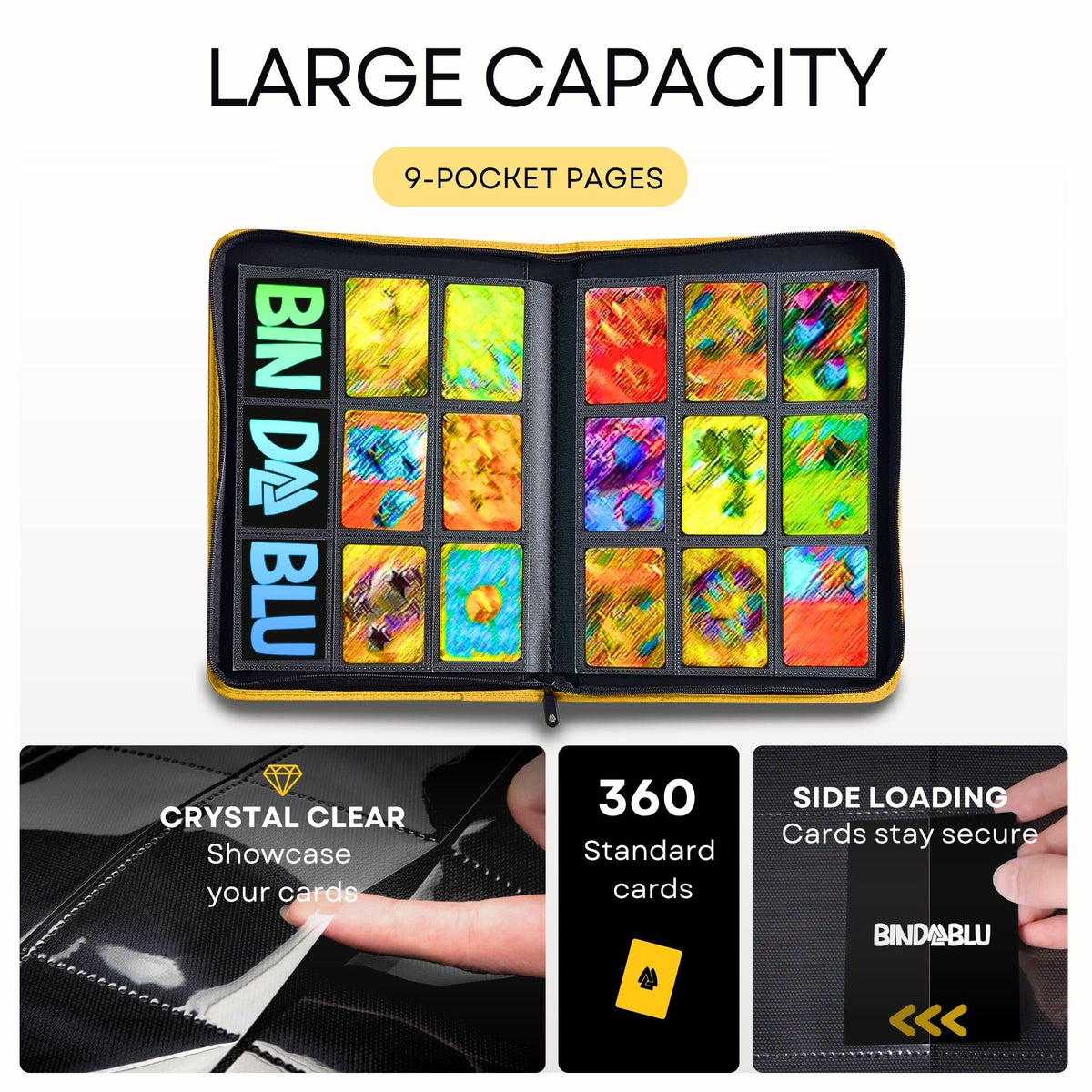 Bindablu 9-pocket pages offer crystal-clear visibility for quick access.