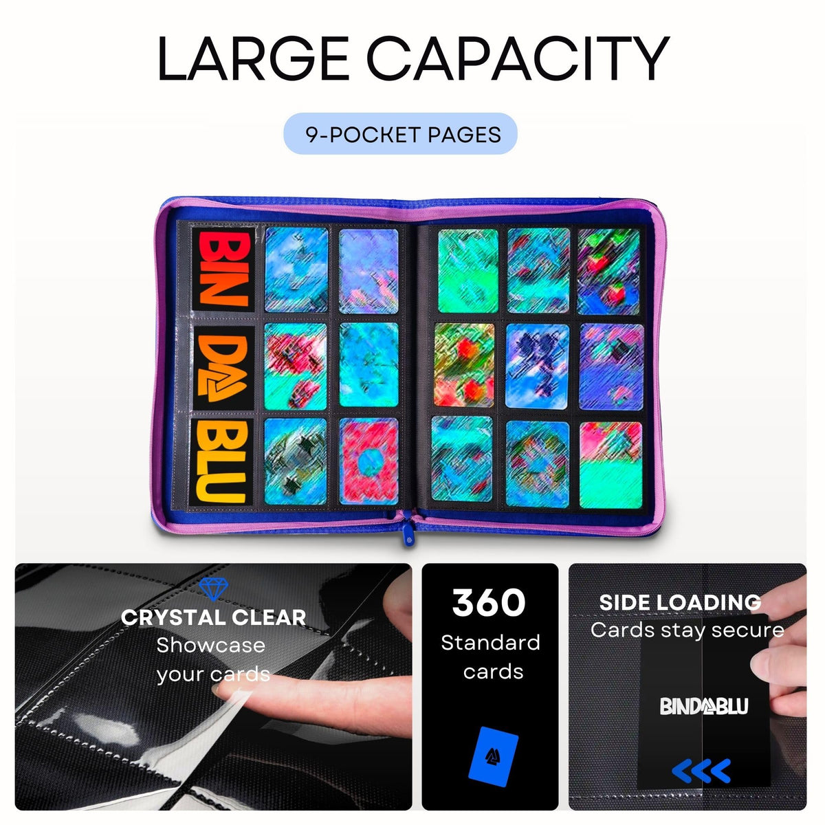 Bindablu crystal-clear non-PVC pages showcasing transparent sleeves for card protection.