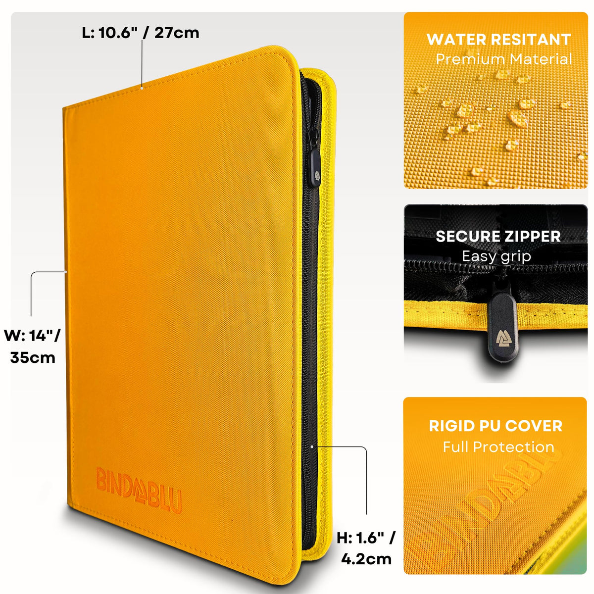 Bindablu side-loading pockets keep cards secure and easy to flip through.