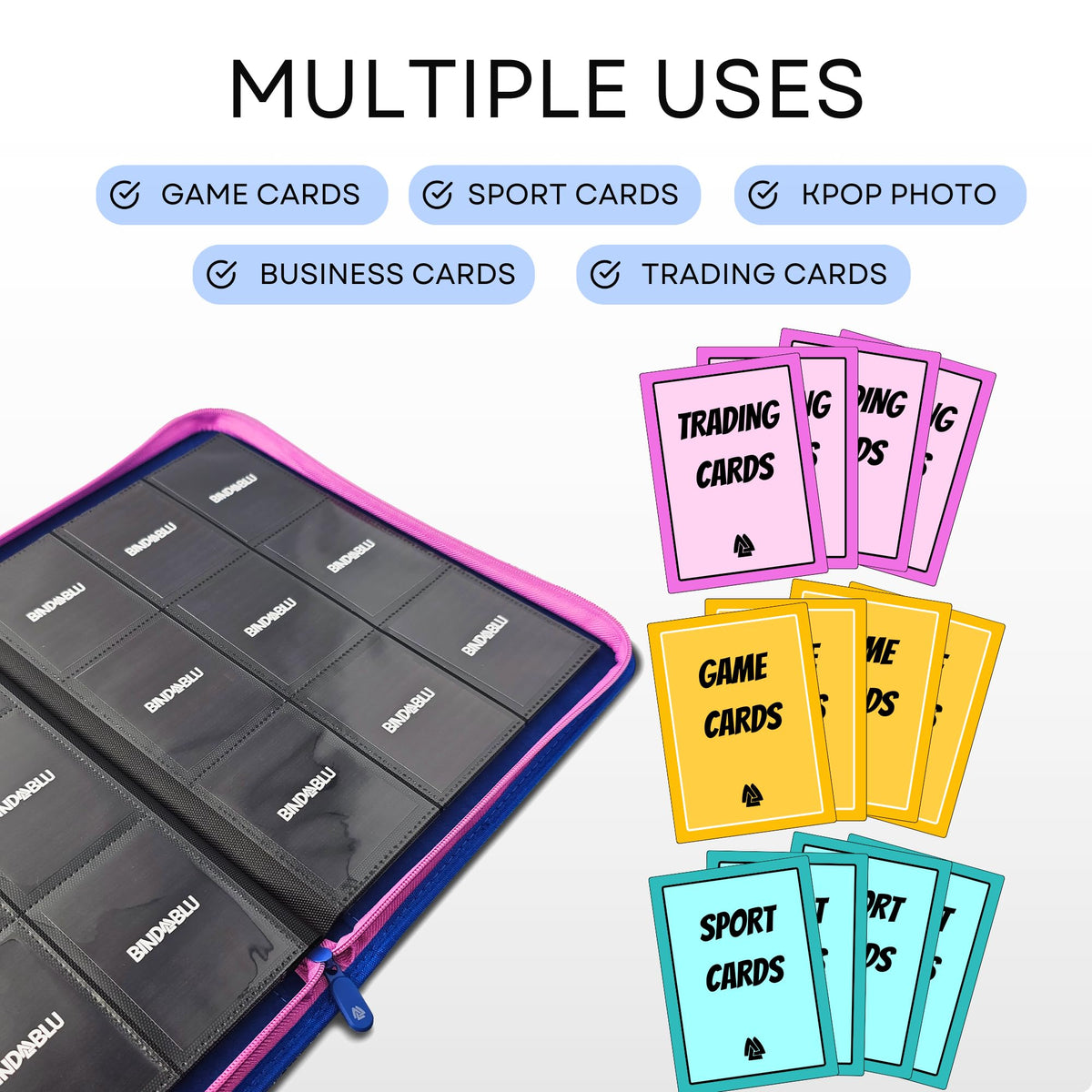 Bindablu zipper closure keeping cards safely contained during travel.