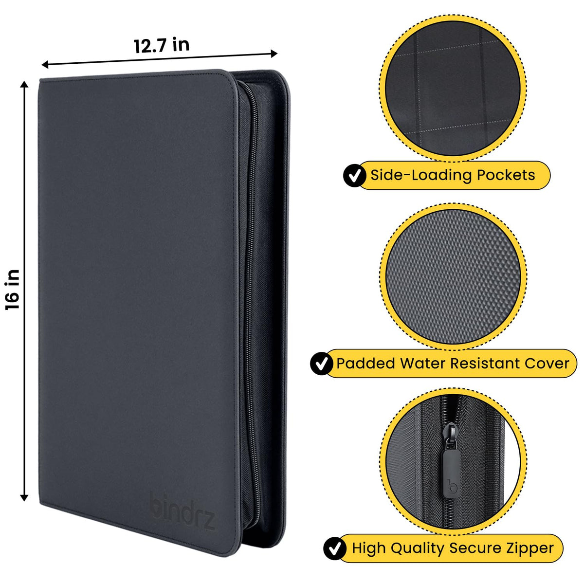 bindrz zipper closure keeps contents secure during transport