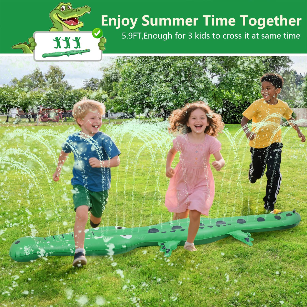 BINGKOU crocodile sprinkler wide coverage – spreads water over a large play area.