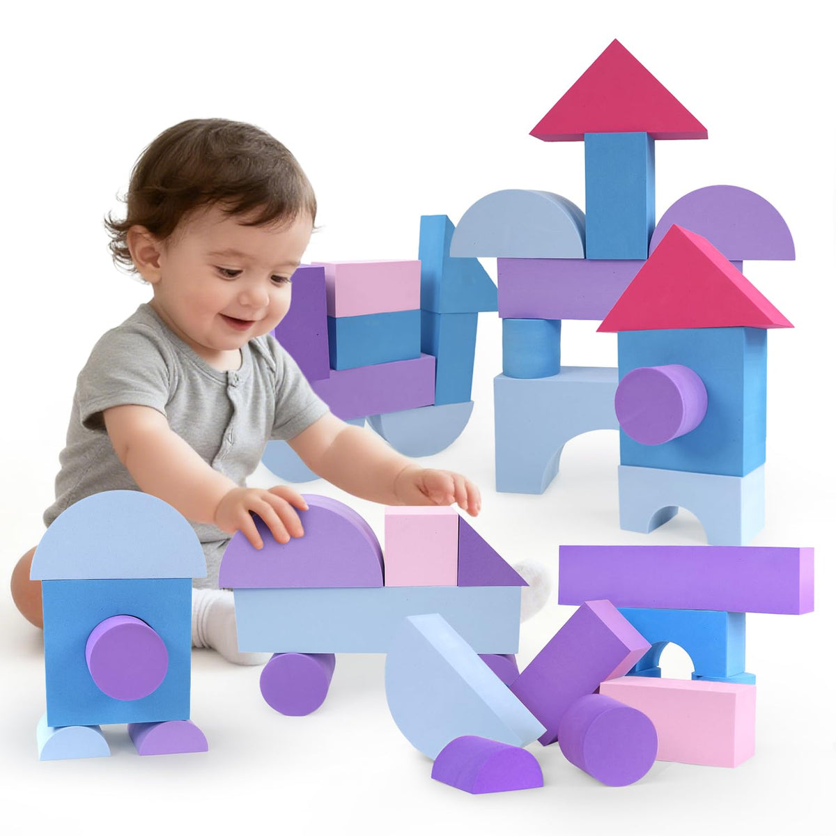 Bingyouth pink foam blocks stacked for toddlers to spark imaginative play and hand-eye coordination.