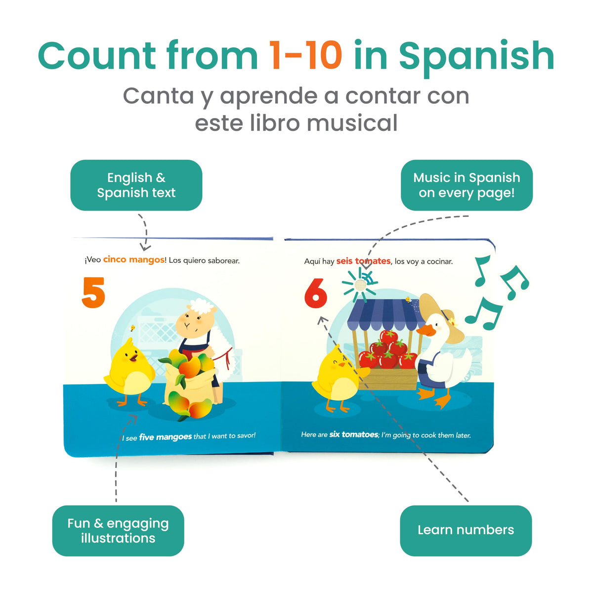Binibi Counting at the Market page 1 features numbers 1 in English and Spanish for hands-on practice.