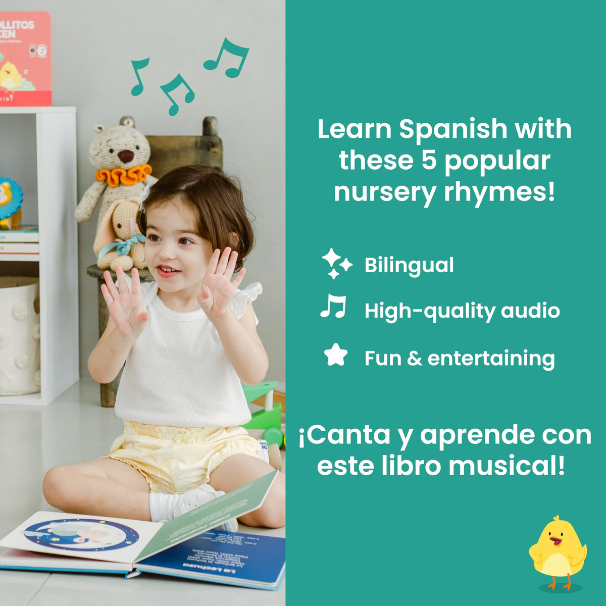 Binibi Estrellita five-songs page highlights classic Spanish lullabies for simple play