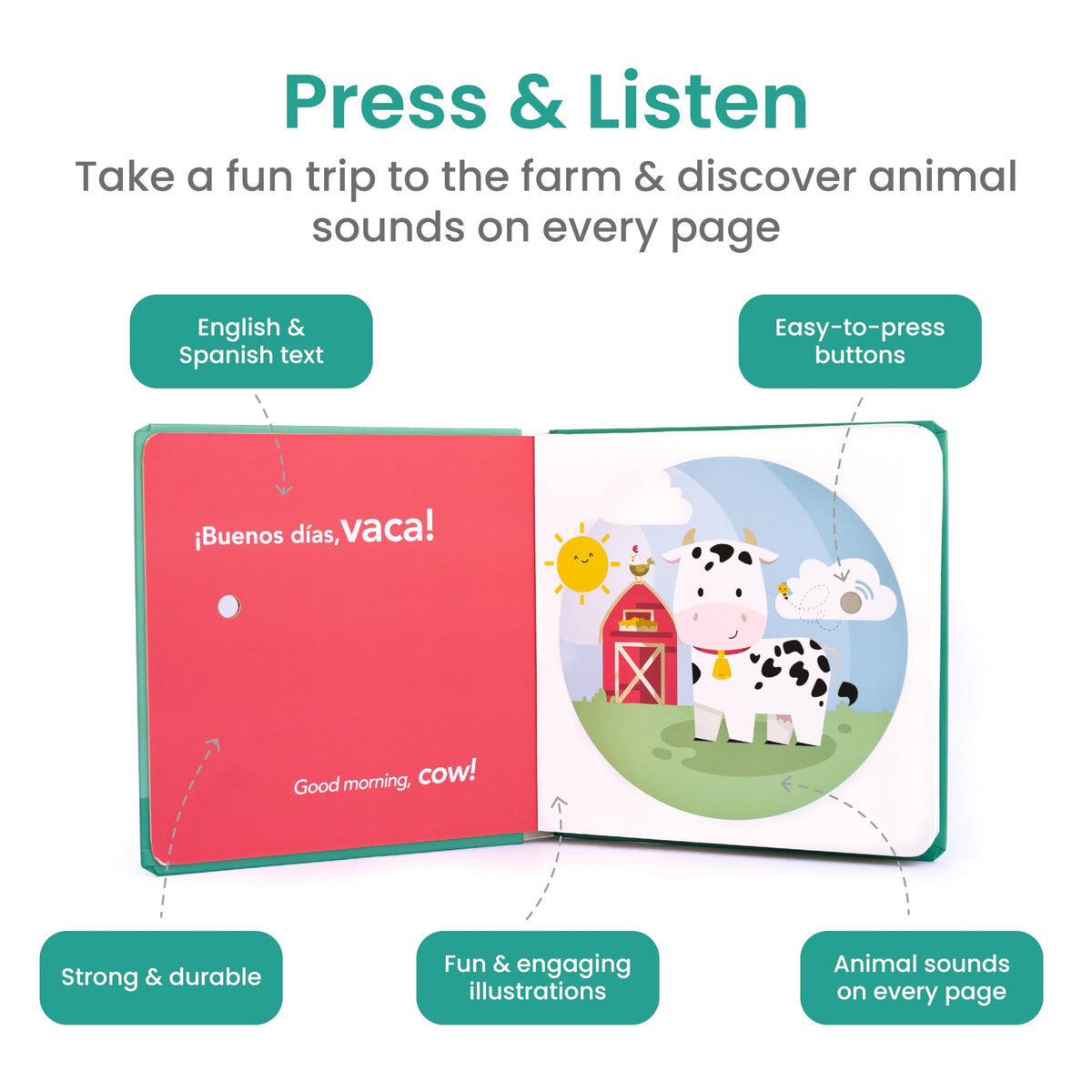 Binibi La Granja buttons page: pressable sounds reinforce animal names.