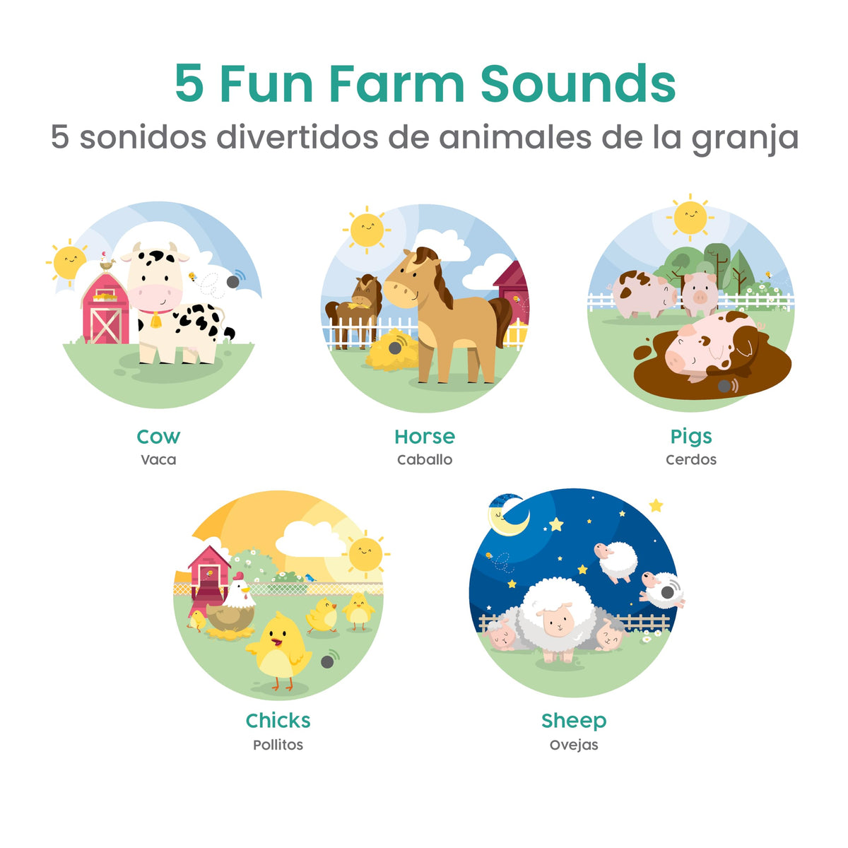 Binibi La Granja cow page: learn English and Spanish cow names with sound.