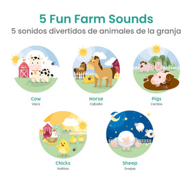 Binibi La Granja cow page: learn English and Spanish cow names with sound.