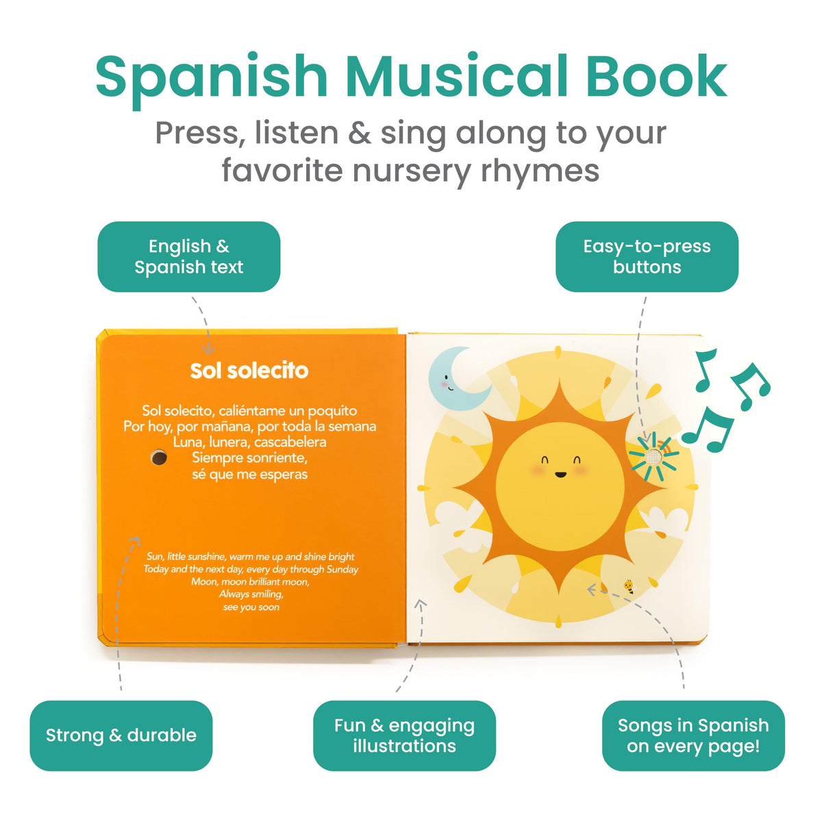 Binibi Sol Solecito interactive page button activates a catchy Spanish song.