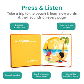 Binibi ocean sounds pages pair English and Spanish words for language exposure.