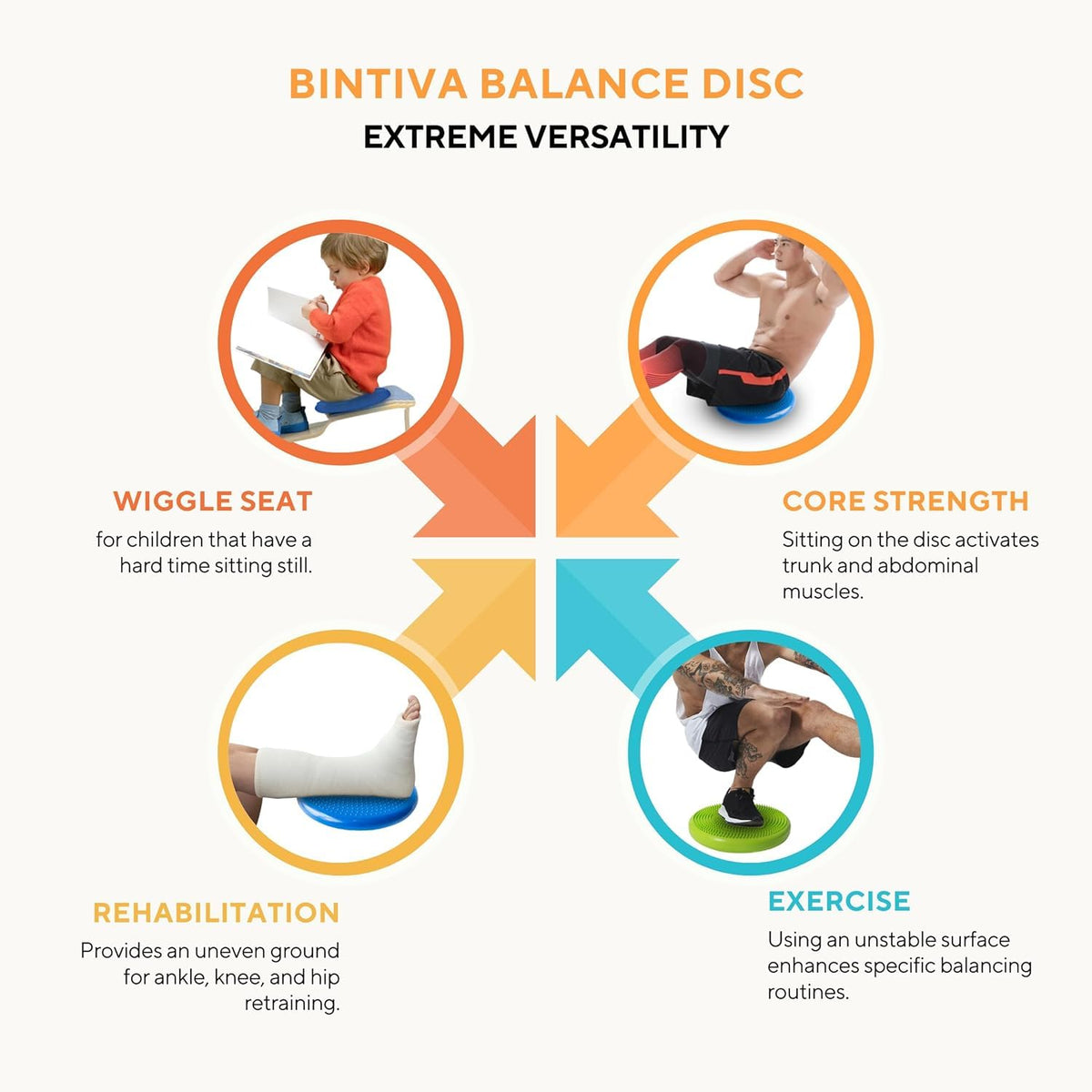 A user performs balance exercises on the Bintiva wobble cushion disc.