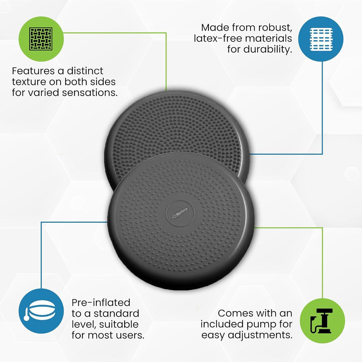 A person sits on the Bintiva wobble cushion disc to improve posture.