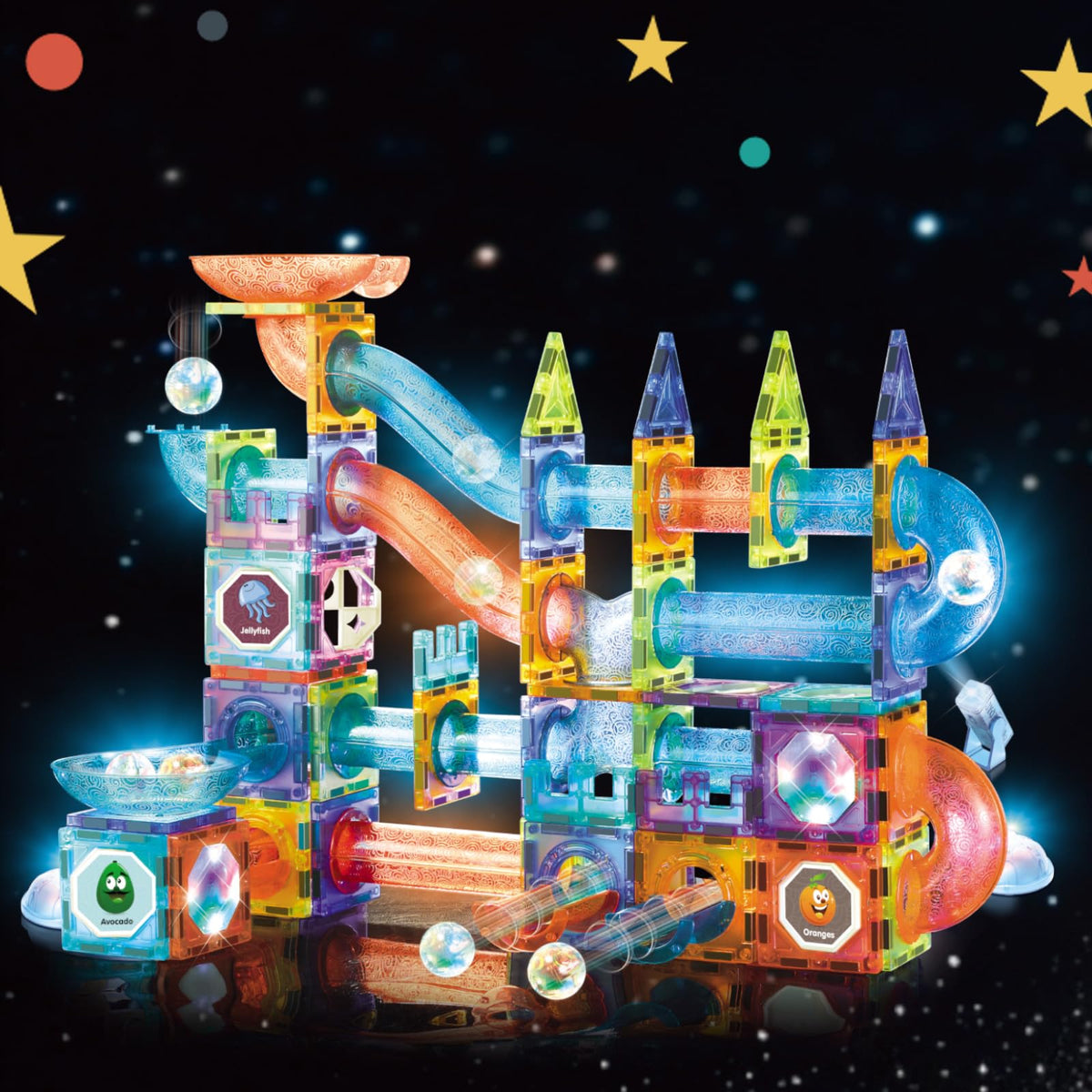 BINZKBB magnetic tiles front view shows a 144-piece set for creative STEM exploration.