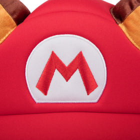 Bioworld Super Mario raccoon red cosplay hat with ears, close-up fabric texture highlights soft materials.