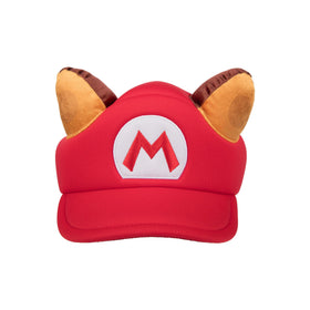 Bioworld Super Mario raccoon red cosplay hat with ears, side view, completes a playful character look.