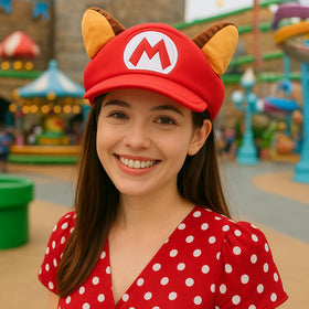 Bioworld Super Mario raccoon red cosplay hat with ears, in box presentation for gifting and display.