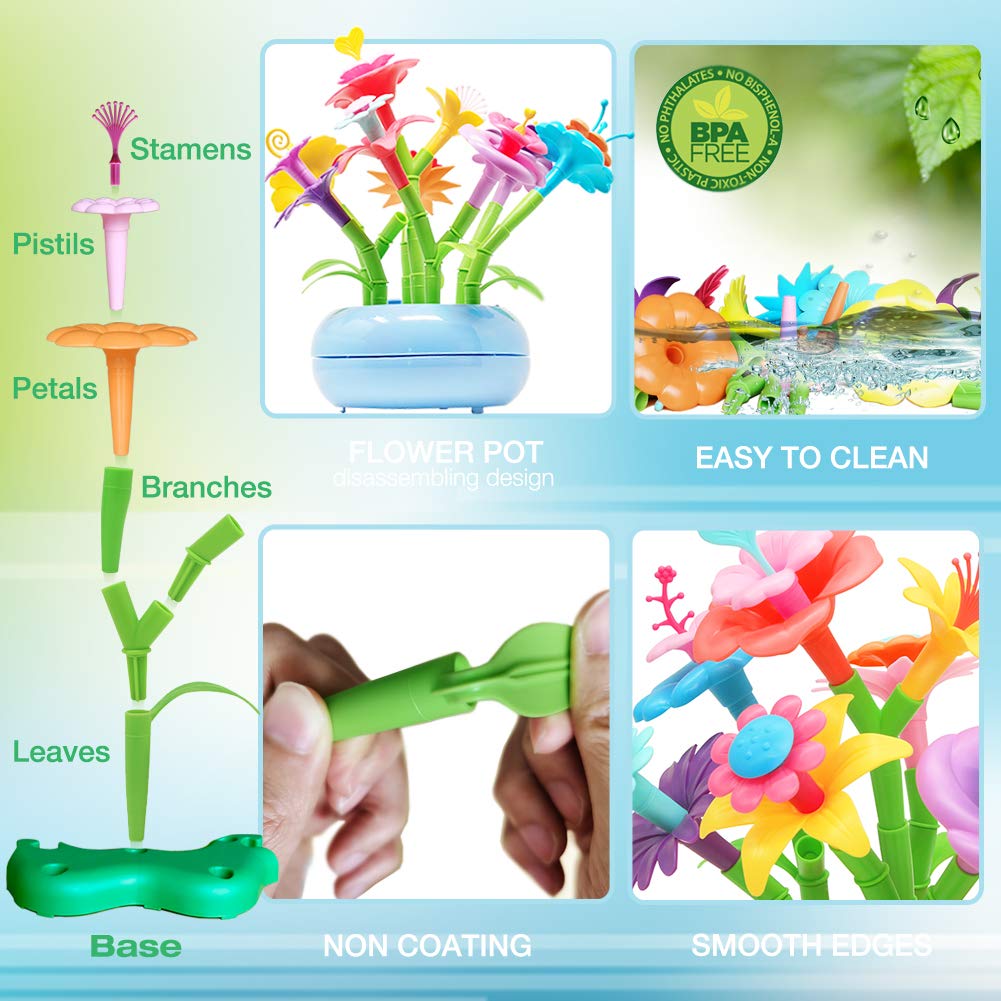BIRANCO building pieces stacked to create bouquets and garden scenes for kids.