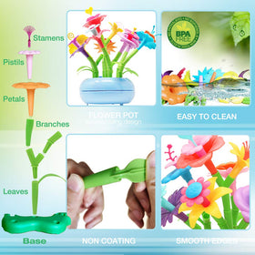 BIRANCO building pieces stacked to create bouquets and garden scenes for kids.
