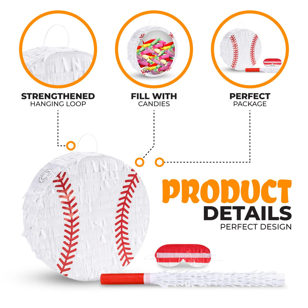 Birchio baseball pinata with bat, ready for safe swing-based fun.