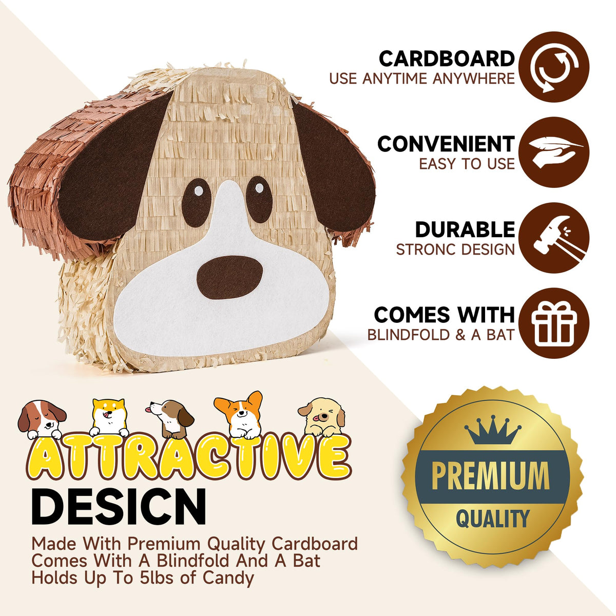 Birchio dog pinata sturdy hanging loop for safe display.