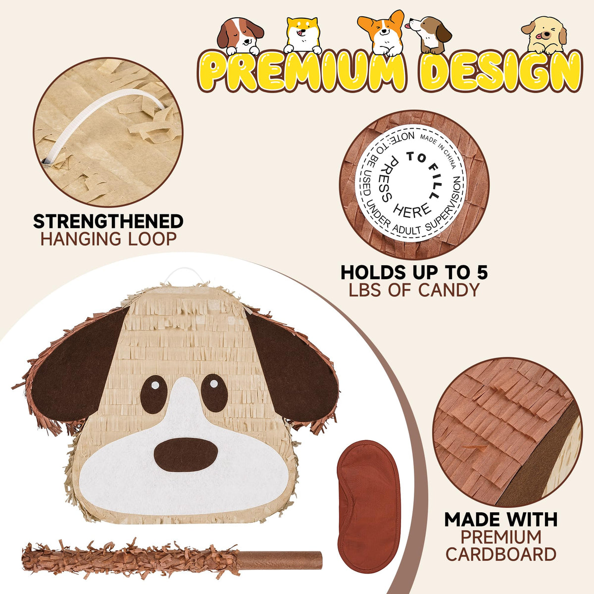 Birchio dog pinata opening port shows easy filling access.