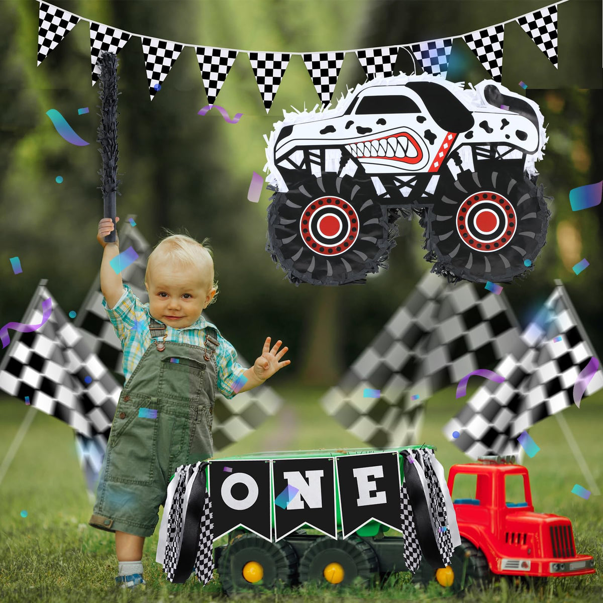 Birchio Monster Truck Dalmatian Pinata filled with candy and mini toys.