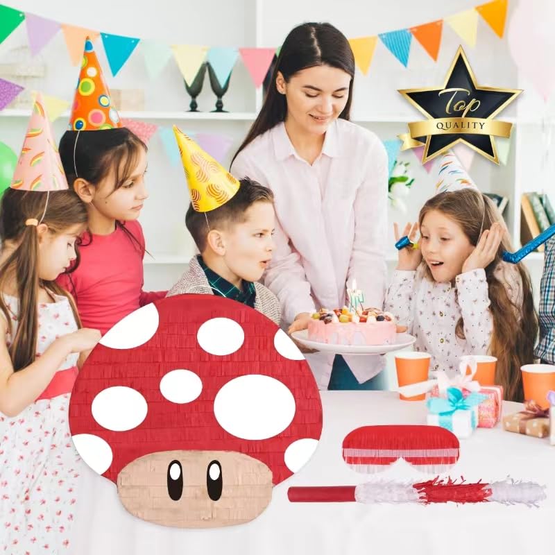 Birchio mushroom pinatas bundle, includes blindfold and bat for interactive fun.