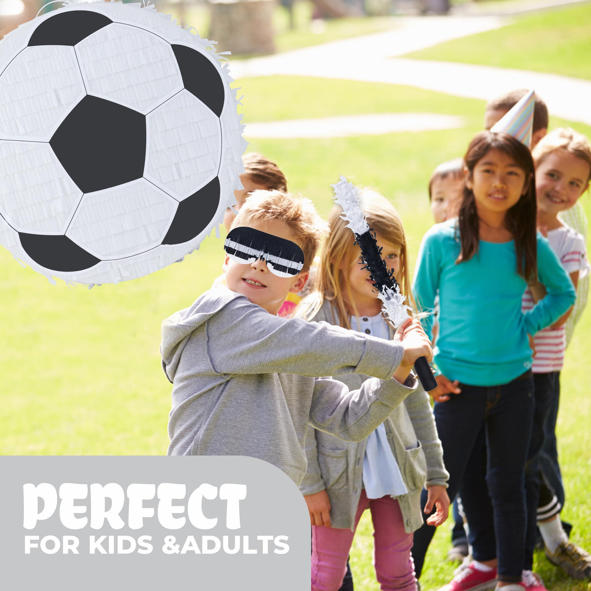 Birchio soccer pinata decoration doubles as party focal point.