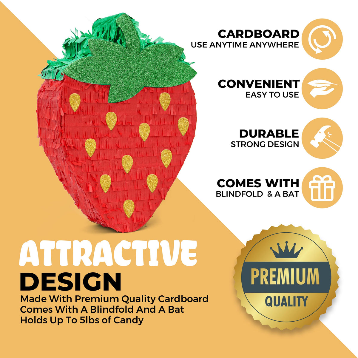 Birchio Strawberry Pinatas with bat and blindfold set for safe, fun play.
