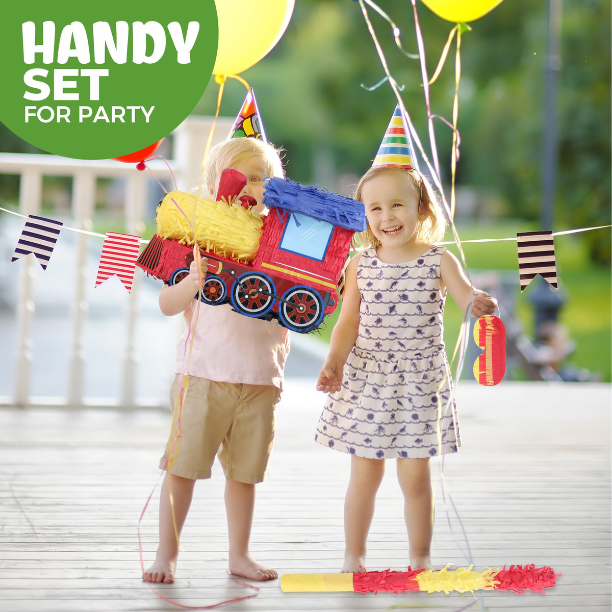 Birchio Train Pinata crepe-paper detail adds festive color.