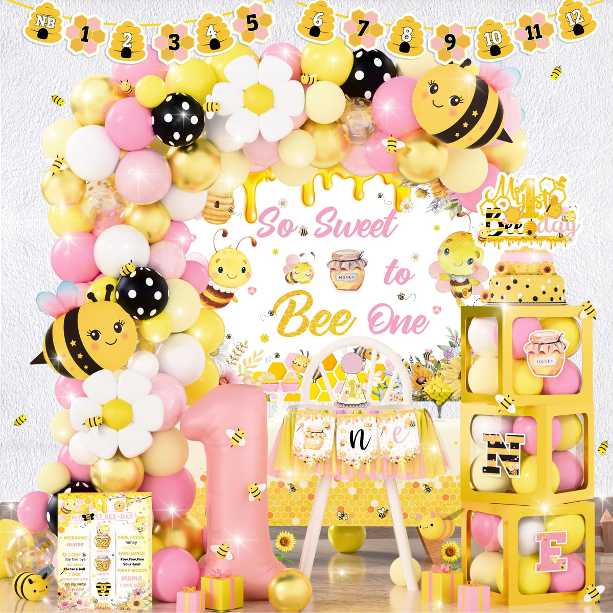 Birhgt bee 1st birthday backdrop arch enhances photo moments with a charming honey bee theme.