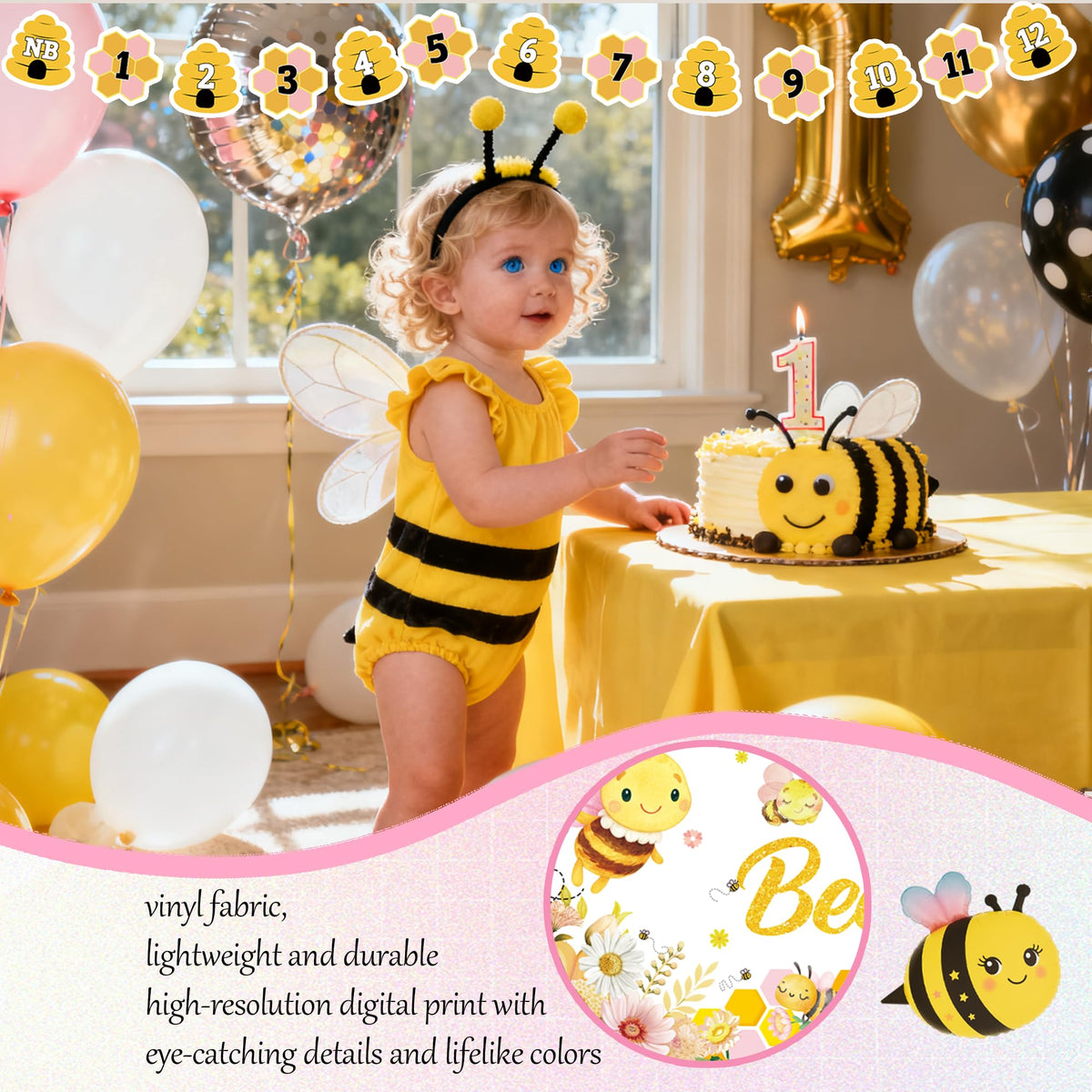 Birhgt bee-theme crown and milestone poster set invites adorable party moments.