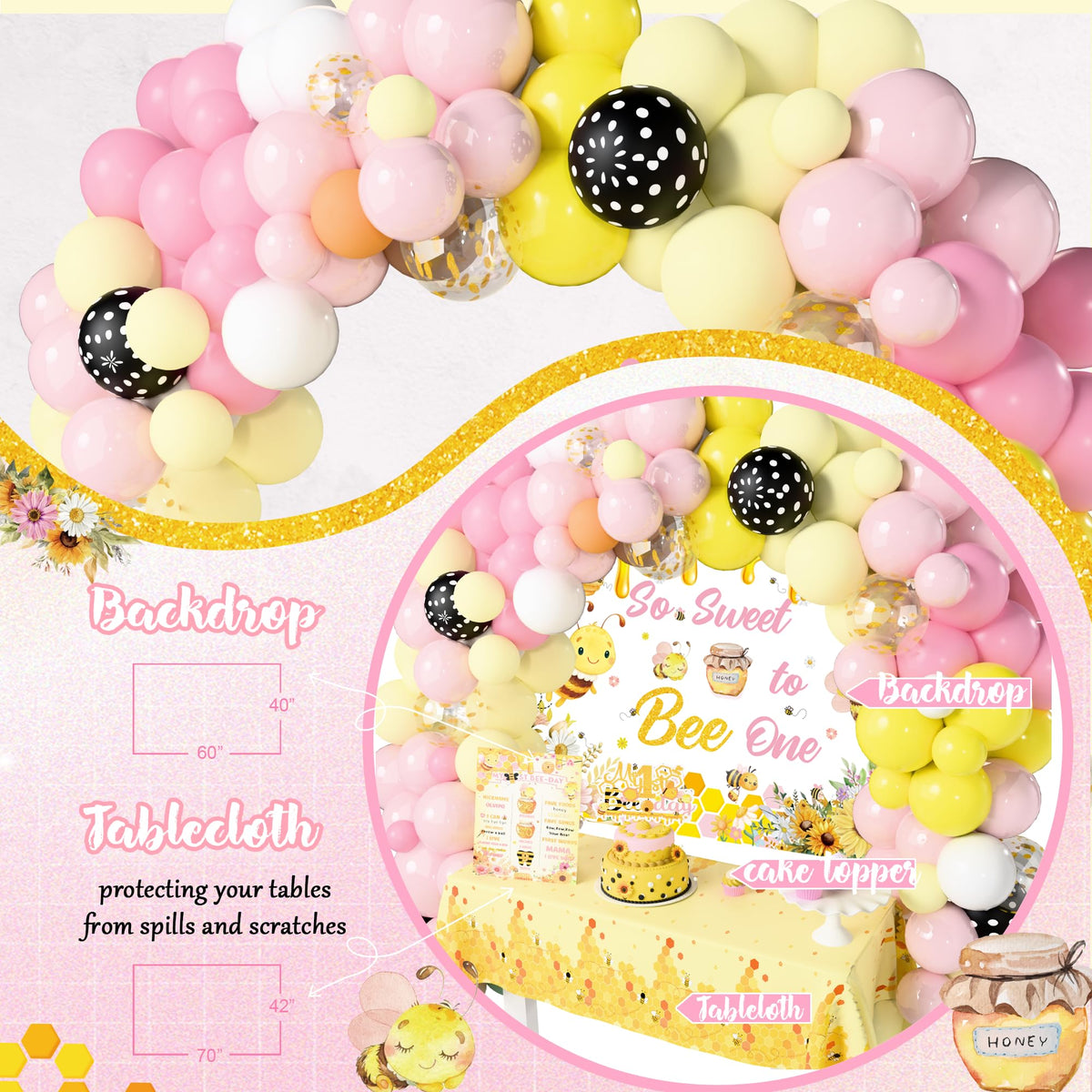 Birhgt gold glitter balloons pack adds celebratory sparkle to the bee-themed setup.